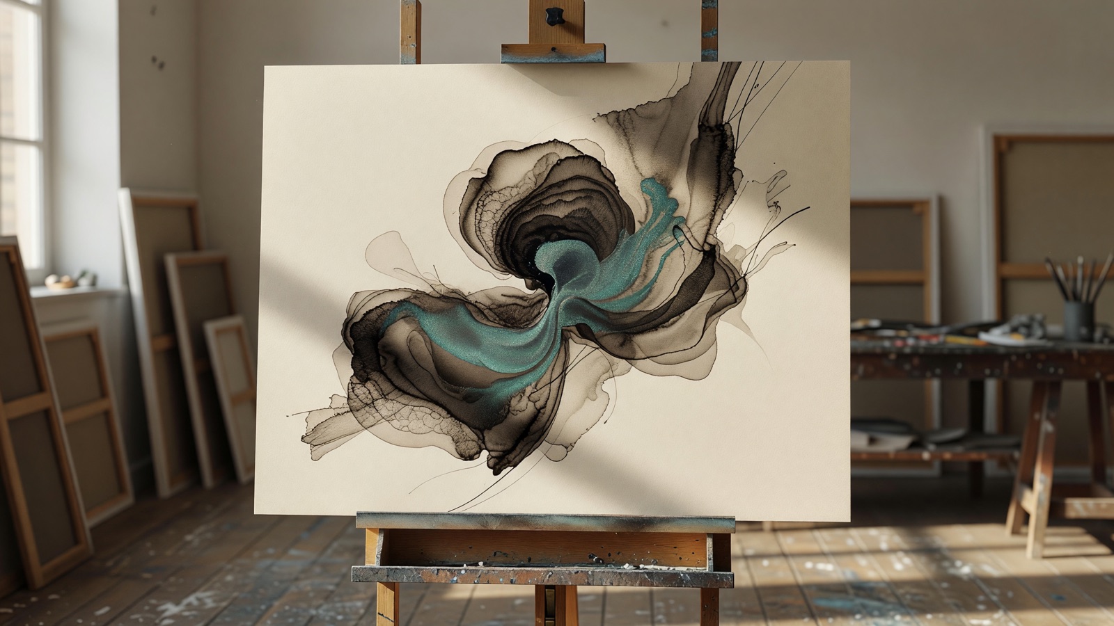 A one-of-one piece taking shape on the easel in the studio — ink and colour blooming across a fresh sheet